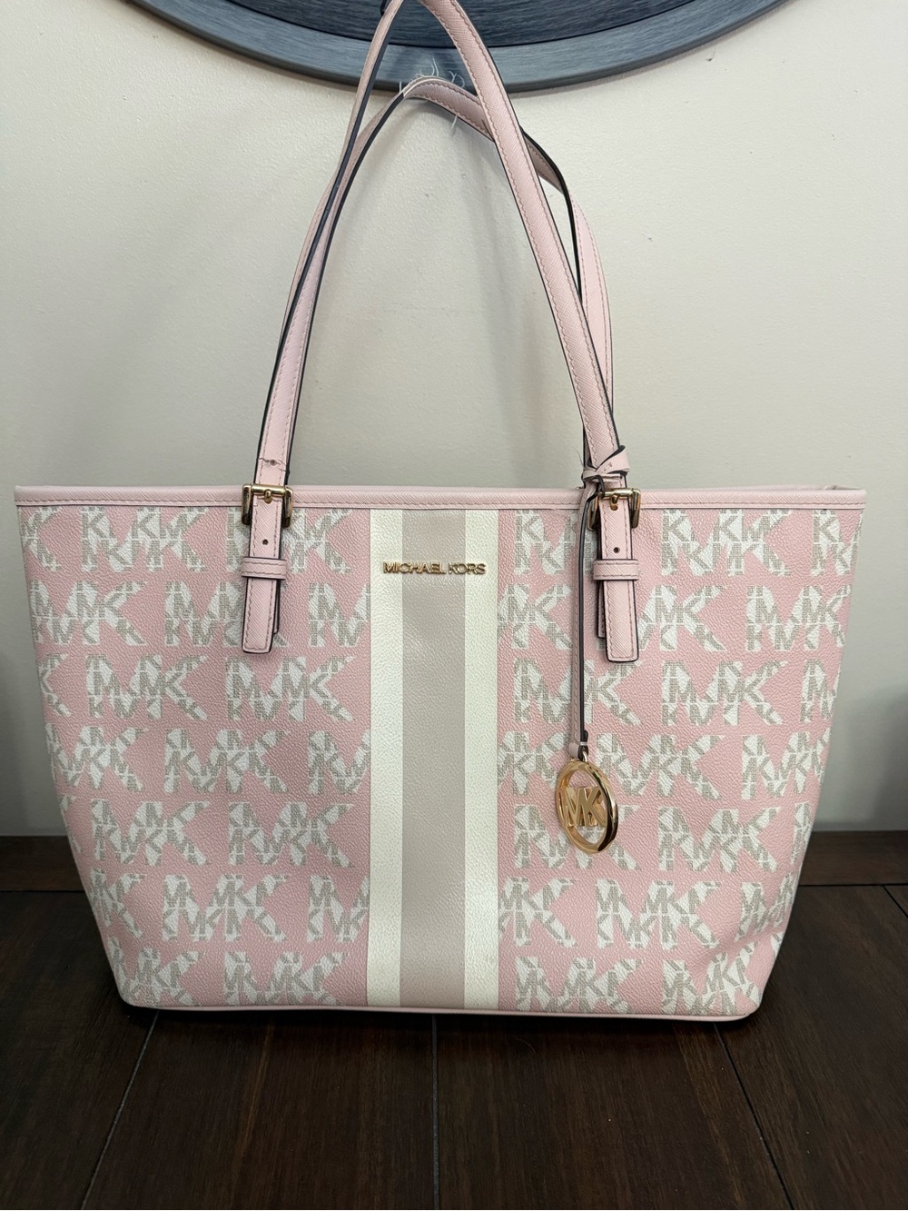 Michael Kors Pink and White Stripe Logo Tote